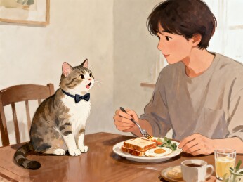 猫咪与主人共进早餐温馨画面