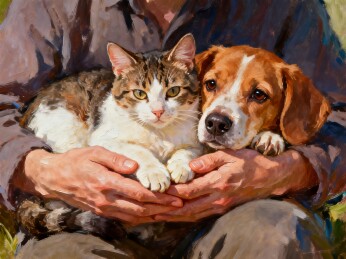 人怀抱猫狗温馨画面