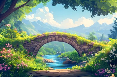 石桥上青苔点缀的溪流与远山