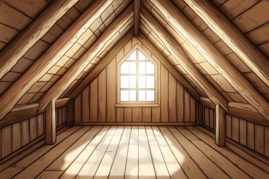 阳光下的旧阁楼木梁