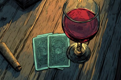 复古木桌上的五彩扑克牌与红酒雪茄