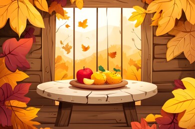凉亭内石桌上的秋日丰收