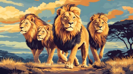 夕阳下狮子捕猎的壮丽画面