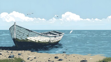 阳光下的破旧老船与蔚蓝海洋