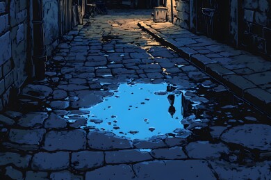 雨夜小巷中的蓝色水洼