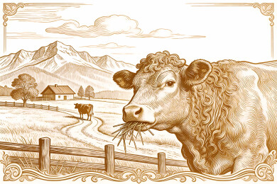 线描画奶牛牧场插画