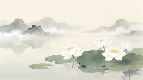 白莲绿叶远山云