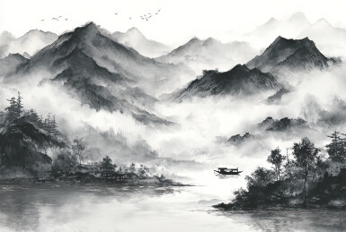 山水墨画中的雾中山河