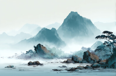 山水雾景湖畔风光