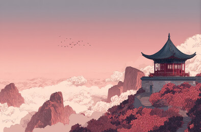 云海山巅古亭秋景