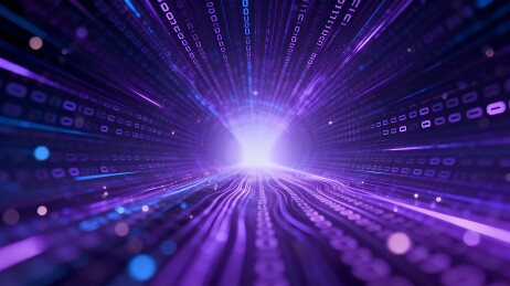 紫色数字隧道中流动的二进制代码光流