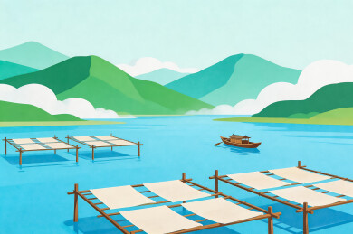 湖畔木筏小船风景插画