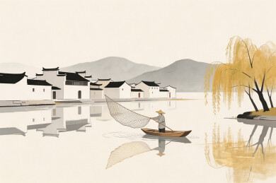 中国水乡捕鱼场景插画