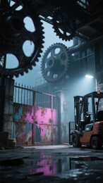 工业厂区机械齿轮与叉车