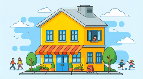 黄色两层商铺住宅插画街景
