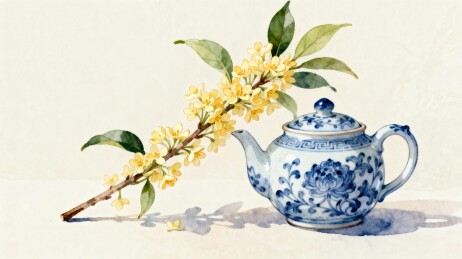 青花瓷壶与桂花枝静物画