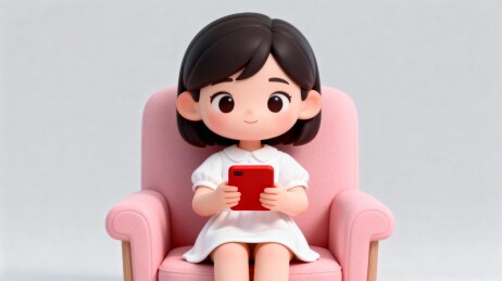 卡通女孩坐椅玩手机