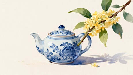 青花瓷壶与桂花枝静物画