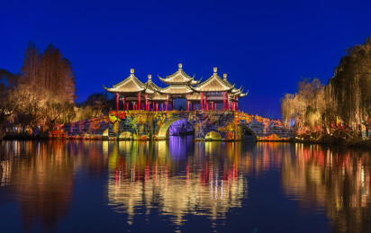 扬州瘦西湖夜景，烟花三月下扬州