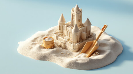 带玩具铲的沙滩城堡3D插画