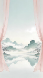纱帘透见水墨山水