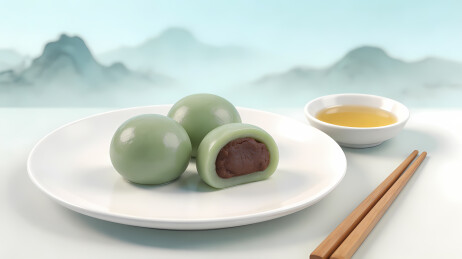 青绿抹茶大福配红豆馅