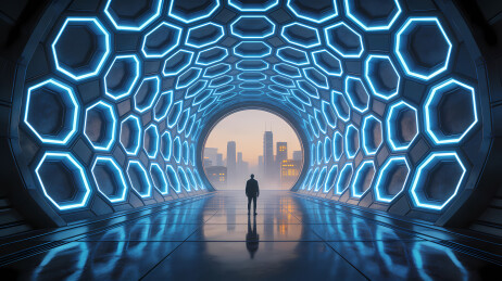 霓虹隧道中的孤影