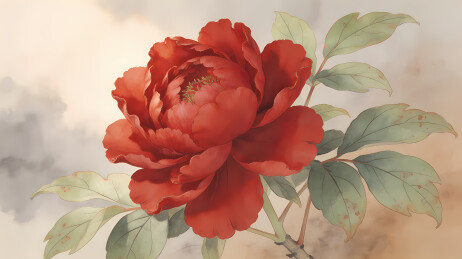 朱红牡丹映水墨