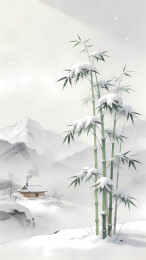 雪竹茅屋映雪山