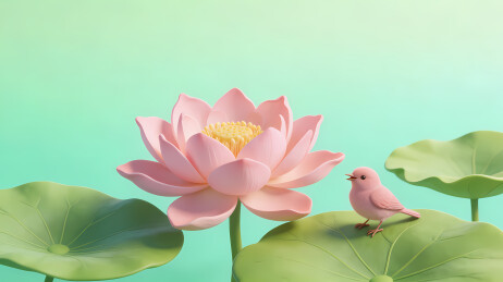 粉莲小鸟栖荷塘