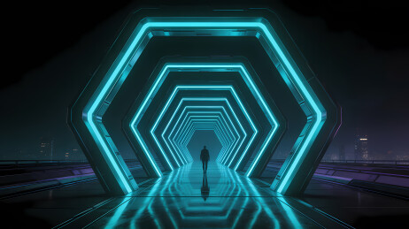孤影穿行霓虹六边隧道