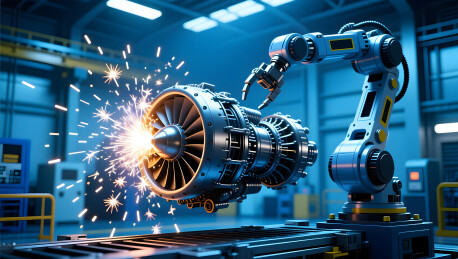 工业机械臂在现代车间组装航空发动机