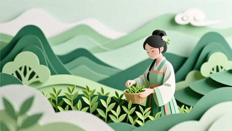 清明节气纸雕风格展现山水采茶意境