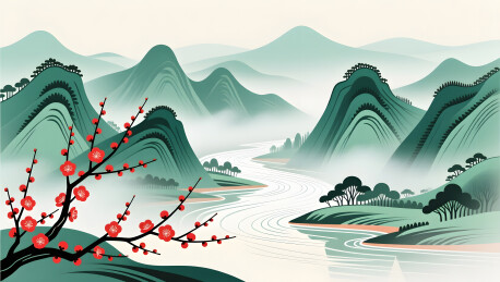 现代演绎青绿山水间密集山峦与红梅