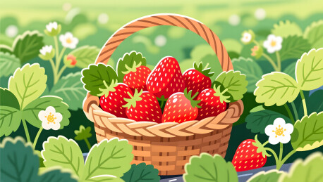 早春草莓采摘田园风光红果绿叶相映