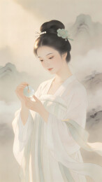 汉服女子捧玉璧山水间