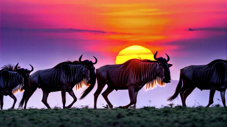 日落时分草原上的角马群