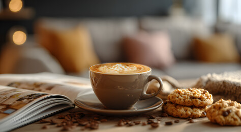咖啡饼干与杂志的惬意时光