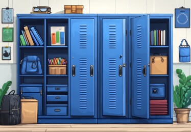 蓝色储物柜文具收纳插画