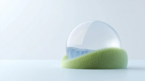 玻璃球装载蓝水静置在绿色草丛底座极简背景