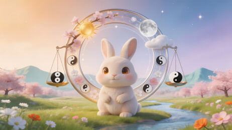 白兔静坐春樱山谷