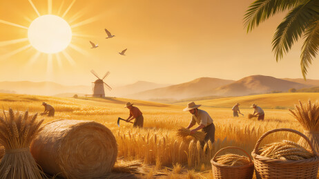 麦田丰收落日时