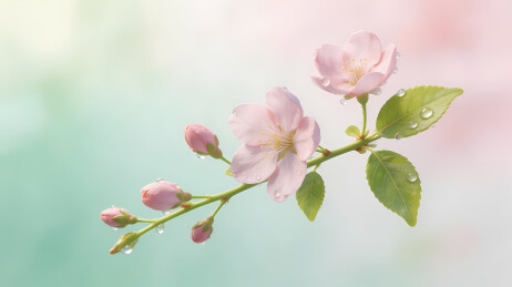 早春樱花枝含露
