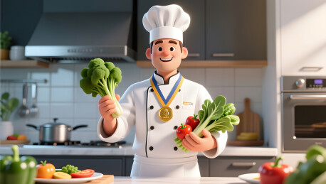 金牌厨师在厨房中展示新鲜蔬菜食材