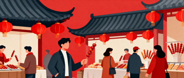 春节庙会红墙灯笼与冰糖葫芦