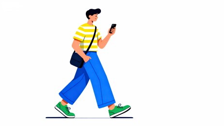 穿条纹衫的男子看手机行走