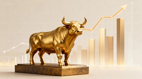 金光闪闪的牛市雕像与上扬图表
