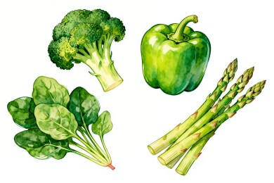 四种绿色蔬菜水彩插画展示