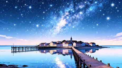 星空下的海滨小镇夜景