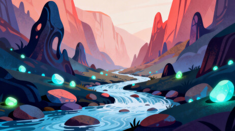 奇幻山谷溪流夜景